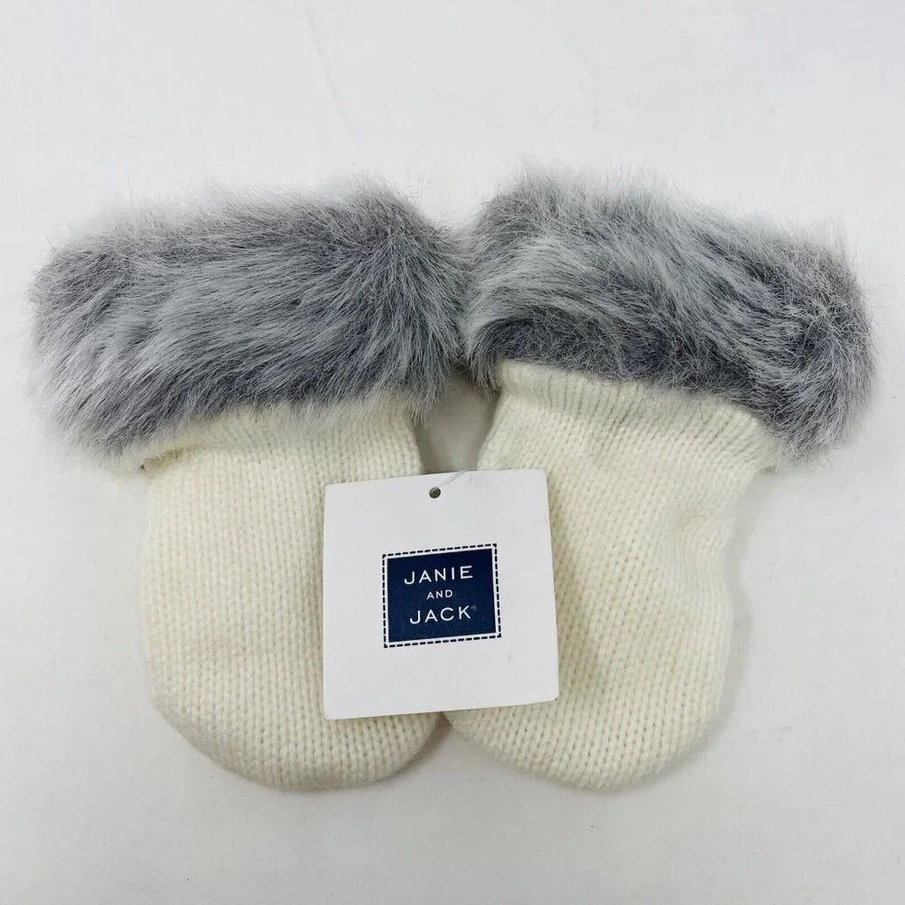 Janie and Jack Baby Girls Size 6-12 Months Faux Fur Trim Mittens in Ivory $24